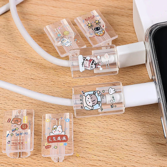 USB Cable Protector Cute Cartoon Soft Transparent TPU Cellphone Decor Case Clip for iPhone Charging Data Line Protective Cover